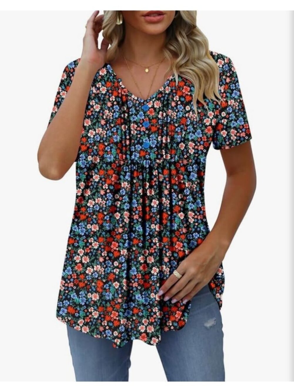 NEW Floral sz M Pleated Short Sleeve Top